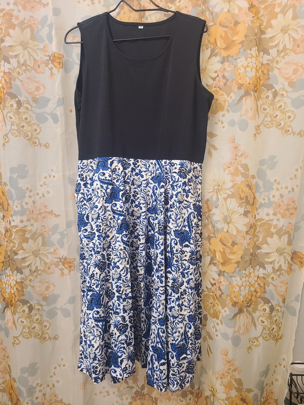 Sleeveless Black Top Midi Dress with Blue & White Floral Skirt